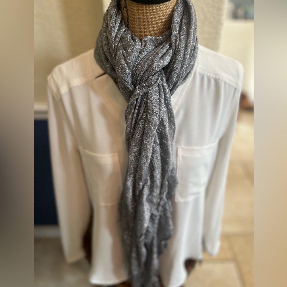 Sparkly Elegant Silver Gray Long Fringed Scarf
